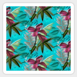 Exotic Tropical plants pattern botanical illustration,botanical pattern, tropical plants, pink turquoise leaves pattern over a Sticker